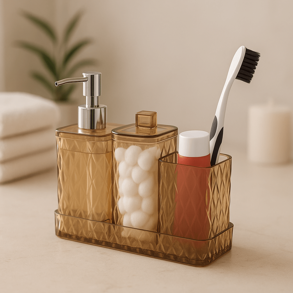 Kit Banheiro Completo com Saboneteira Pump, Porta Escovas, Porta Algodão e Suporte | 4 em1 Kit Banheiro Completo com Saboneteira Pump, Porta Escovas, Porta Algodão e Suporte Design & Casa