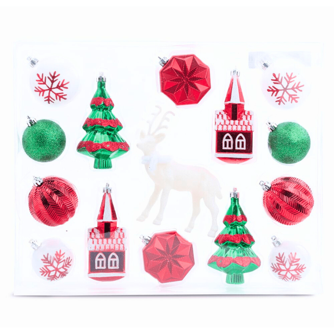 Kit com 15 Peças de Enfeites de Natal - Verde e Vermelho Kit com 15 Peças de Enfeites de Natal Design & Casa