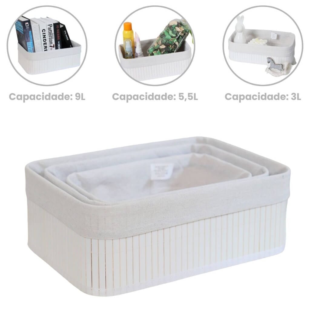 Kit Com 3 Cestos Organizadores De Bambu Kit Com 3 Cestos Organizadores De Bambu Design & Casa Branco
