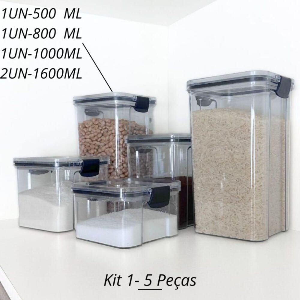 Kit de Potes Herméticos com Tampa Empilhável Kit de Potes Herméticos com Tampa Empilháveis Design & Casa Kit A (5 Peças)