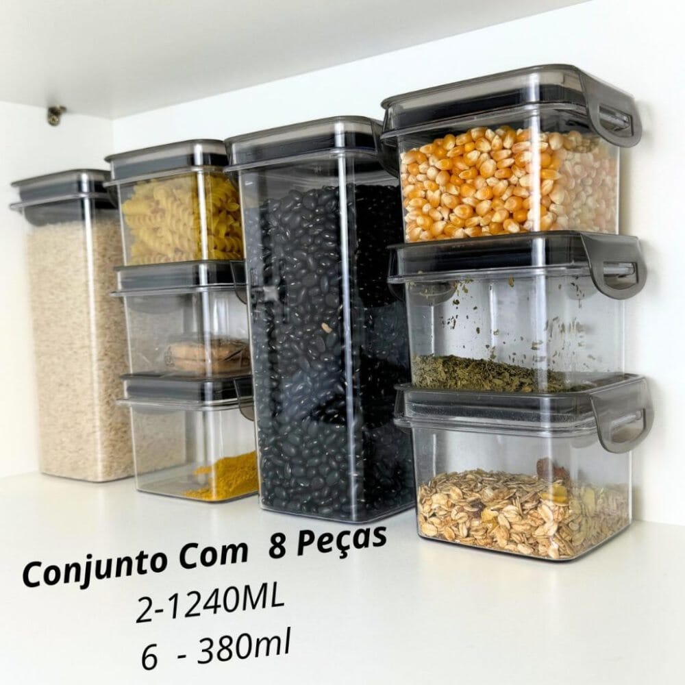 Kit de Potes Herméticos com Tampa Empilhável Kit de Potes Herméticos com Tampa Empilháveis Design & Casa Kit I (8 Peças) Preto