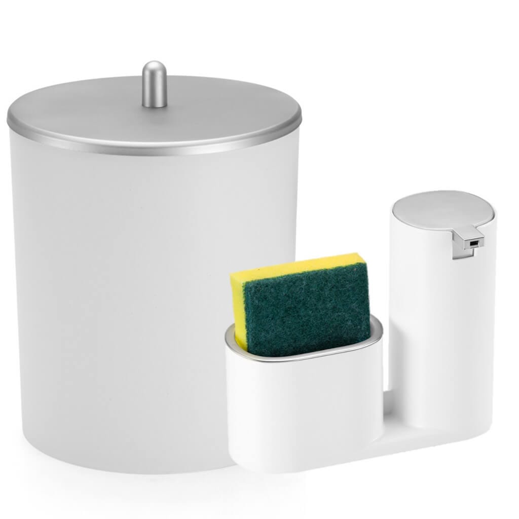 Kit Lixeira para Cozinha e Dispenser Porta Detergente 900ml Kit Lixeira para Cozinha e Dispenser Porta Detergente 900ml Design & Casa Branco com Prata