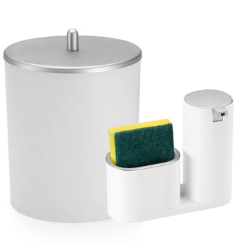 Kit Lixeira para Cozinha e Dispenser Porta Detergente 900ml Kit Lixeira para Cozinha e Dispenser Porta Detergente 900ml Design & Casa Branco com Prata