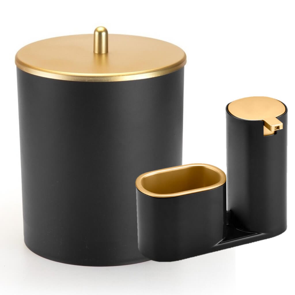 Kit Lixeira para Cozinha e Dispenser Porta Detergente 900ml Kit Lixeira para Cozinha e Dispenser Porta Detergente 900ml Design & Casa Preto com Dourado