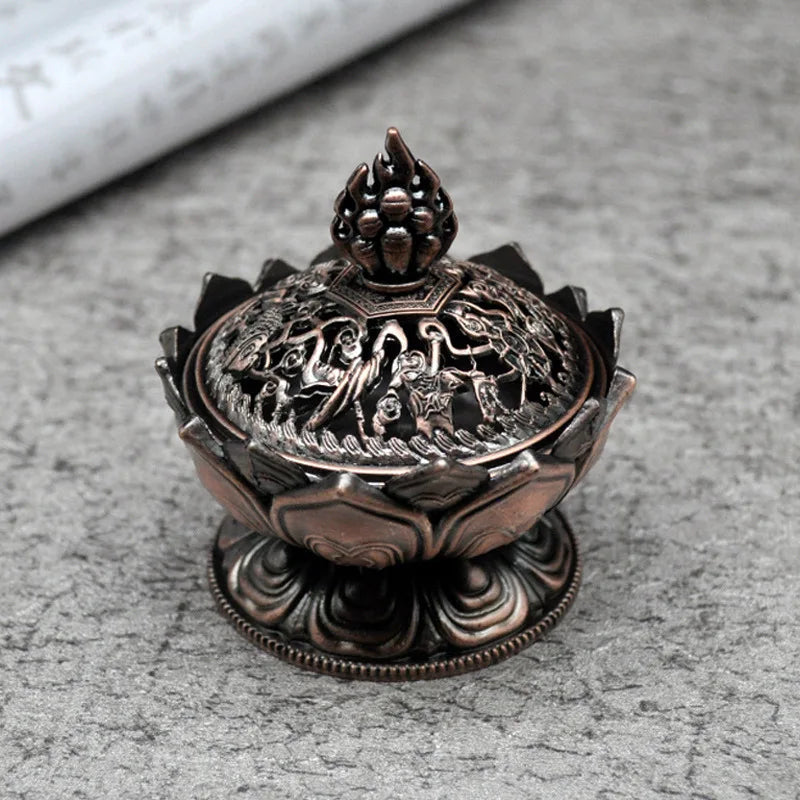 Lotus Flower Incense Burner Buddhism Buddha Holder Brass Mini Sandalwood Censer Incense Metal Craft Home Decoration Design & Casa A-Red bronze
