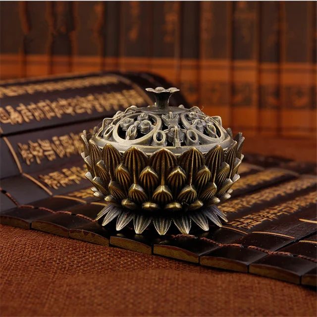 Lotus Flower Incense Burner Buddhism Buddha Holder Brass Mini Sandalwood Censer Incense Metal Craft Home Decoration Design & Casa B-Bronze