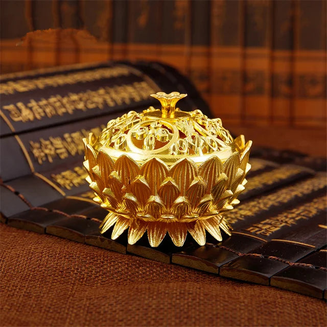 Lotus Flower Incense Burner Buddhism Buddha Holder Brass Mini Sandalwood Censer Incense Metal Craft Home Decoration Design & Casa B-Gold