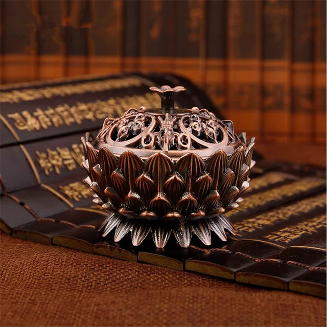 Lotus Flower Incense Burner Buddhism Buddha Holder Brass Mini Sandalwood Censer Incense Metal Craft Home Decoration Design & Casa B-Red bronze