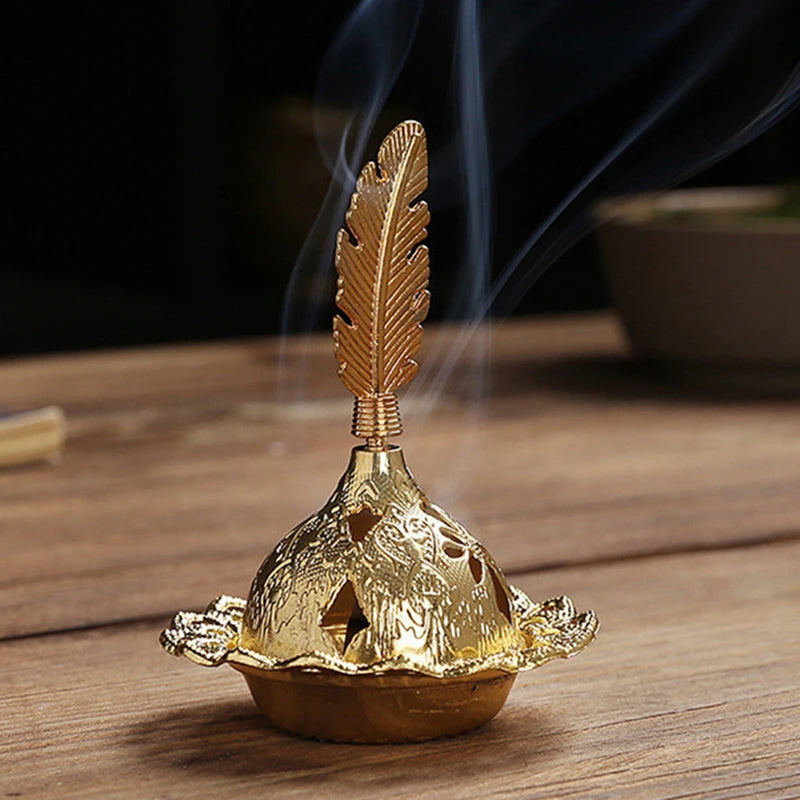 Lotus Flower Incense Burner Buddhism Buddha Holder Brass Mini Sandalwood Censer Incense Metal Craft Home Decoration Design & Casa C-Feather