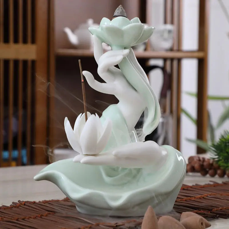 Lotus Reflux Incense Stove Base - Bergamot Incense Stove Decoration - Bedroom Accessories Room Decoration Home Accessories Design & Casa cyan White Lotus