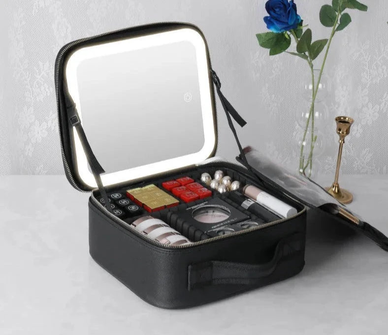 New LED Lighted Cosmetic Case with Mirror Waterproof PU Leather Portable Travel Makeup Storage Bags Design & Casa Black LED Light