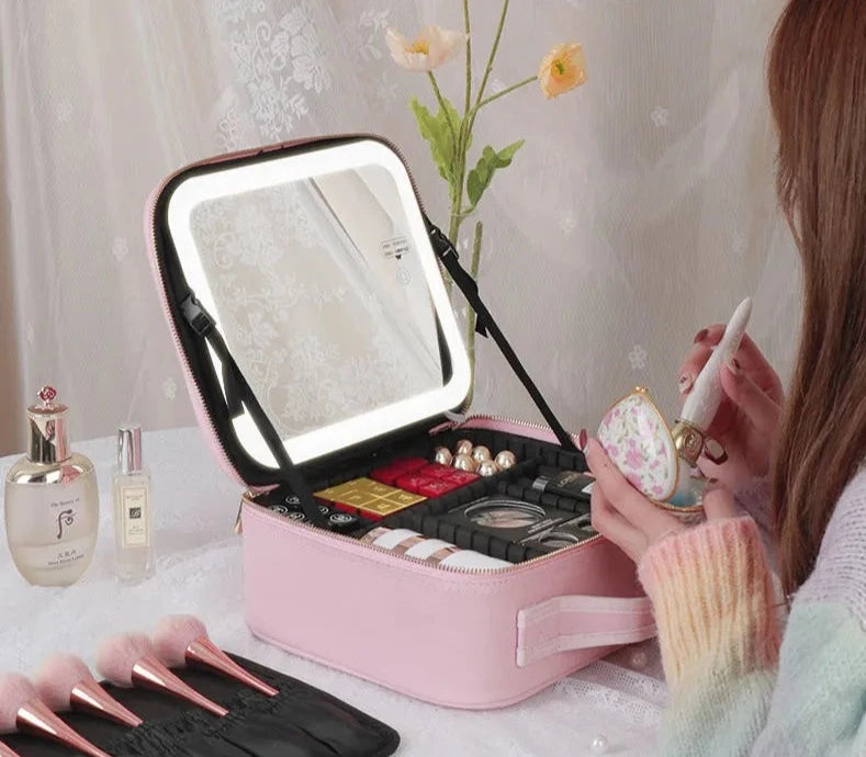 New LED Lighted Cosmetic Case with Mirror Waterproof PU Leather Portable Travel Makeup Storage Bags Design & Casa Pink LED Light
