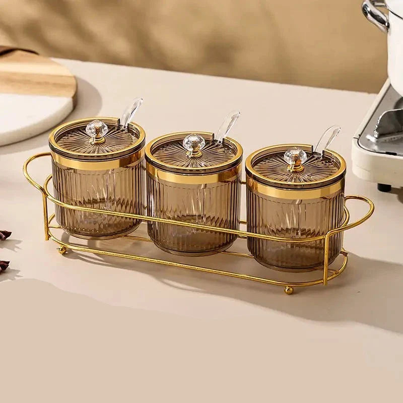 Porta Condimentos Com Suporte Dourado Porta Condimentos Com Suporte Banhado A Ouro LightHousi 3 Peça Com Suporte A