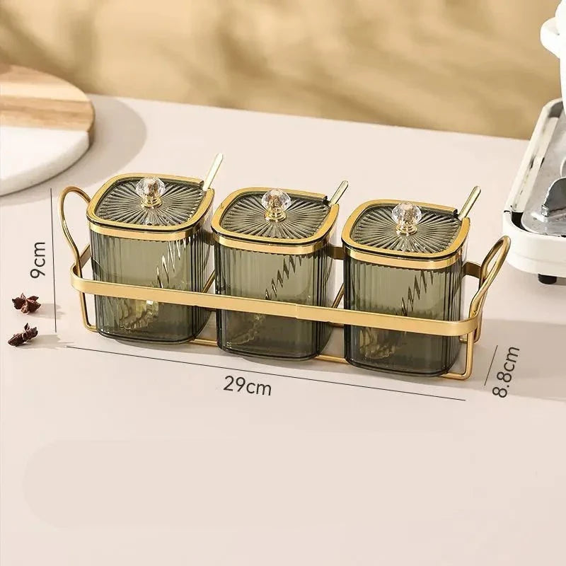 Porta Condimentos Com Suporte Dourado Porta Condimentos Com Suporte Banhado A Ouro LightHousi 3 Peça Com Suporte C