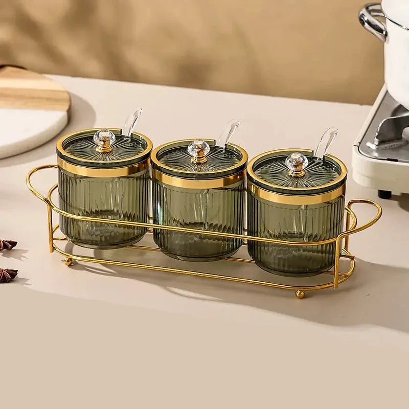 Porta Condimentos Com Suporte Dourado Porta Condimentos Com Suporte Banhado A Ouro LightHousi 3 Peça Com Suporte D