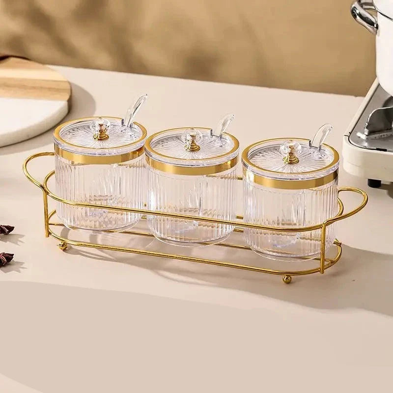 Porta Condimentos Com Suporte Dourado Porta Condimentos Com Suporte Banhado A Ouro LightHousi 3 Peça Com Suporte E