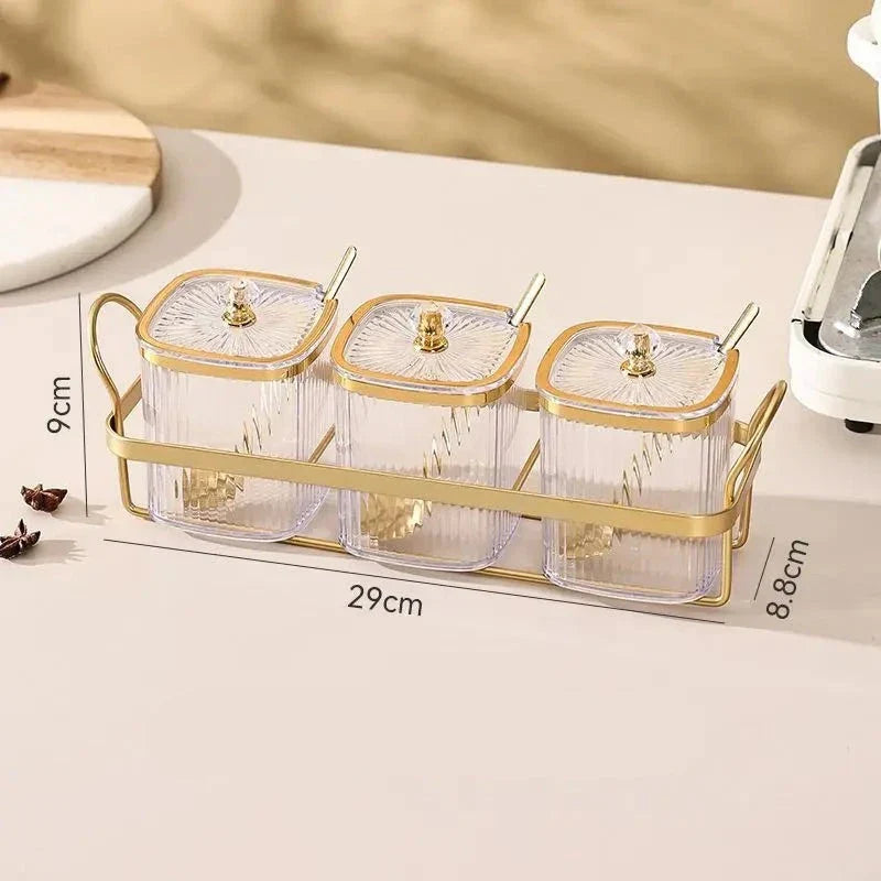 Porta Condimentos Com Suporte Dourado Porta Condimentos Com Suporte Banhado A Ouro LightHousi 3 Peça Com Suporte F