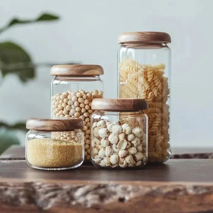Pote De Vidro Hermético Transparente Com Tampa De Madeira Pote De Vidro Hermético Transparente Com Tampa De Madeira LightHousi