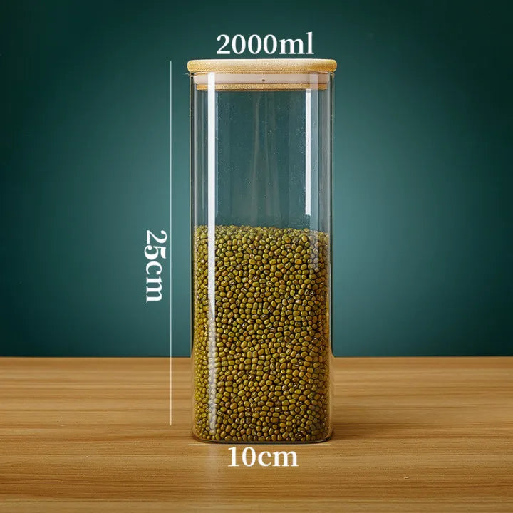 Pote De Vidro Quadrado Com Tampa De Bambu Pote De Vidro Quadrado Com Tampa De Bambu LightHousi 2000ml