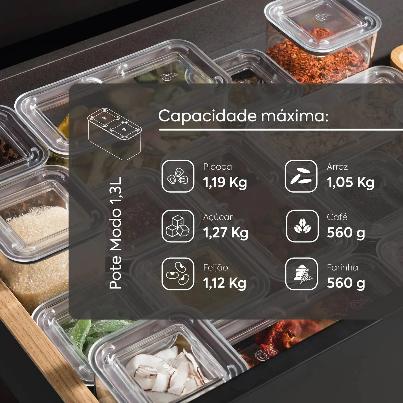 Pote Hermético Transparente Retangular com Vedação 1,3L Coleção Potes Herméticos- Pote Hermético Transparente Retangular com Vedação 1,3L Design & Casa