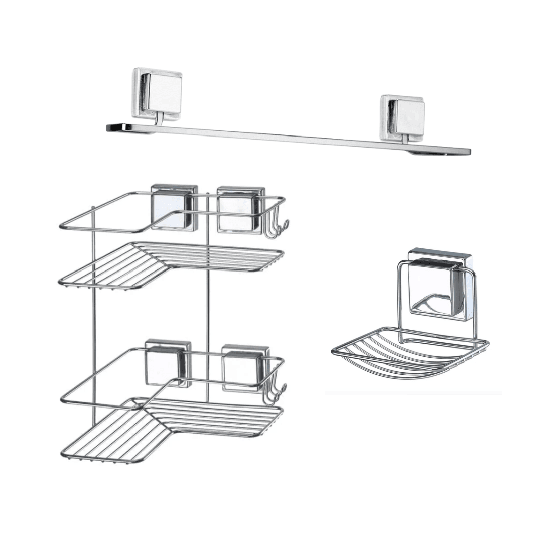 Prateleira para Banheiro de Canto Com Fixação por Sucção Ventosa Prateleira para Banheiro de Canto Com Fixação por Sucção Ventosa Design & Casa Porta Shampoo + Porta Sabonete+ Porta Toalha
