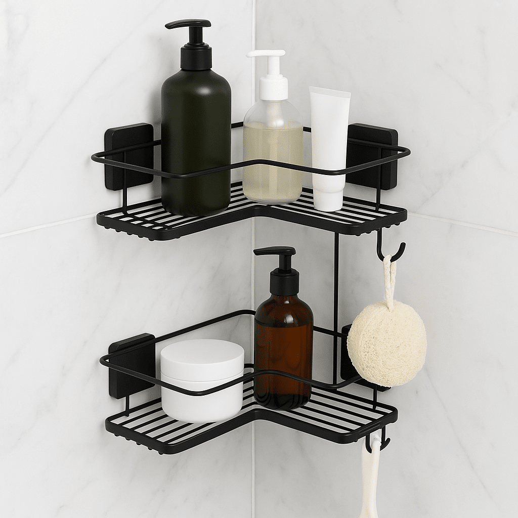 Prateleira para Banheiro de Canto Preta Com Fixação por Sucção Ventosa Prateleira para Banheiro de Canto Preta Com Fixação por Sucção Ventosa Design & Casa