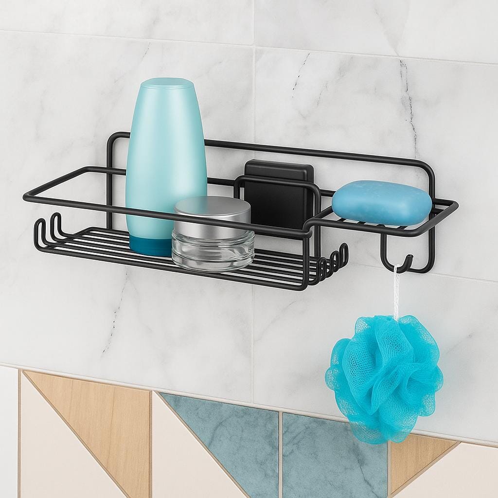 Prateleira para Banheiro e Saboneteira Preta Com Fixação Por Sucção Ventosa Prateleira para Banheiro e Saboneteira Preta Com Fixação Por Sucção Ventosa Design & Casa