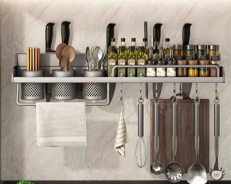 Prateleira para Cozinha Organizador de Temperos e Utensílios Aço Inoxidável Prateleira para Cozinha Instalação Sem Furos - Coleção Cozinha Design & Casa 50 cm