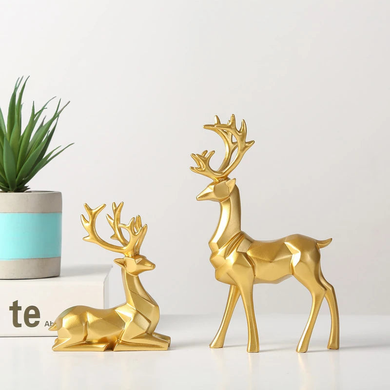 Resin Geometric Elk Sculpture Standing Gold Deer Statues Festival Reindeer Home Decor Living Room TV Cabinet Ornaments Design & Casa