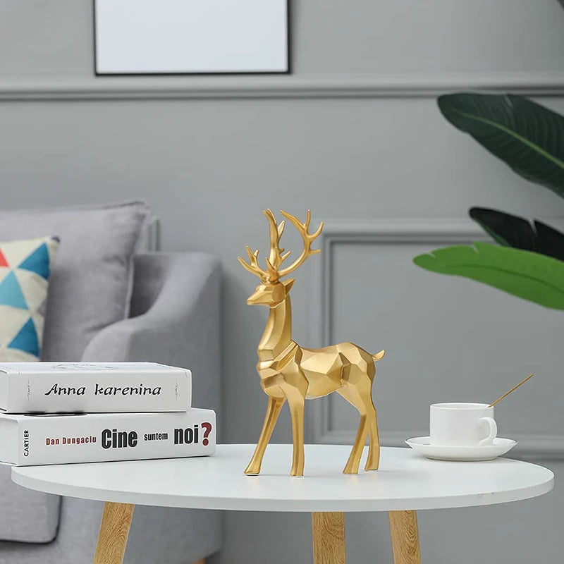 Resin Geometric Elk Sculpture Standing Gold Deer Statues Festival Reindeer Home Decor Living Room TV Cabinet Ornaments Design & Casa