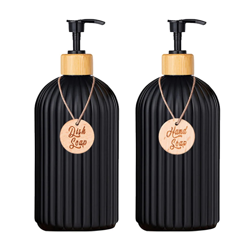 Strip Soap Dispenser with Bamboo Pump Refillable Shampoo Conditioner Hands and Dishes Soap Dispenser Bottle for Kitchen Bathroom Design & Casa 2pcs black