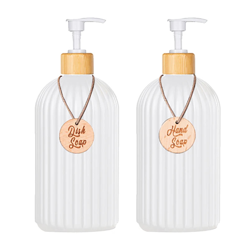 Strip Soap Dispenser with Bamboo Pump Refillable Shampoo Conditioner Hands and Dishes Soap Dispenser Bottle for Kitchen Bathroom Design & Casa 2pcs white