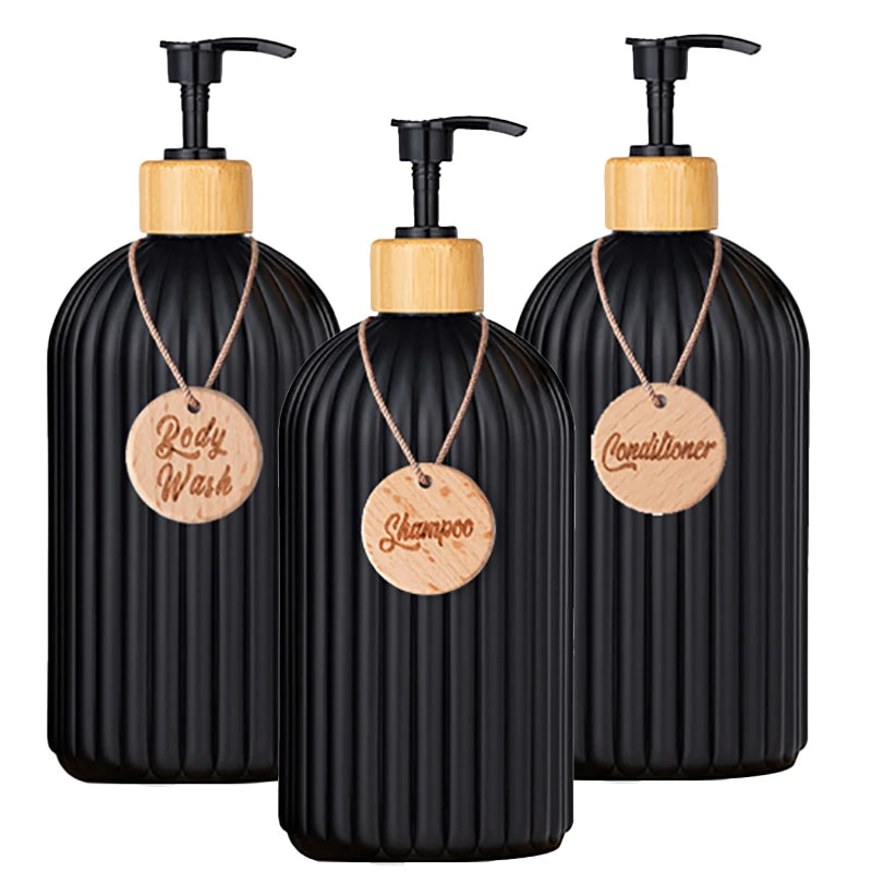 Strip Soap Dispenser with Bamboo Pump Refillable Shampoo Conditioner Hands and Dishes Soap Dispenser Bottle for Kitchen Bathroom Design & Casa 3pcs black