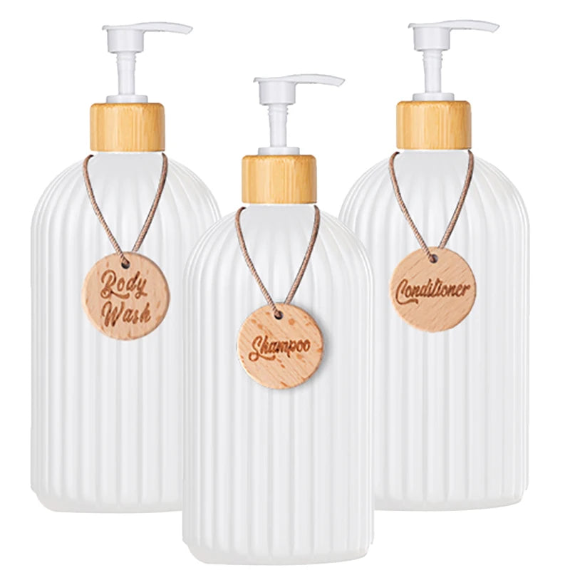 Strip Soap Dispenser with Bamboo Pump Refillable Shampoo Conditioner Hands and Dishes Soap Dispenser Bottle for Kitchen Bathroom Design & Casa 3pcs white