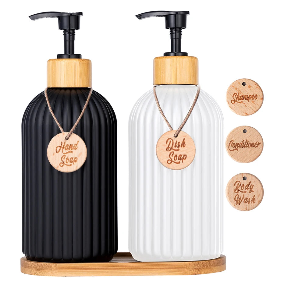 Strip Soap Dispenser with Bamboo Pump Refillable Shampoo Conditioner Hands and Dishes Soap Dispenser Bottle for Kitchen Bathroom Design & Casa