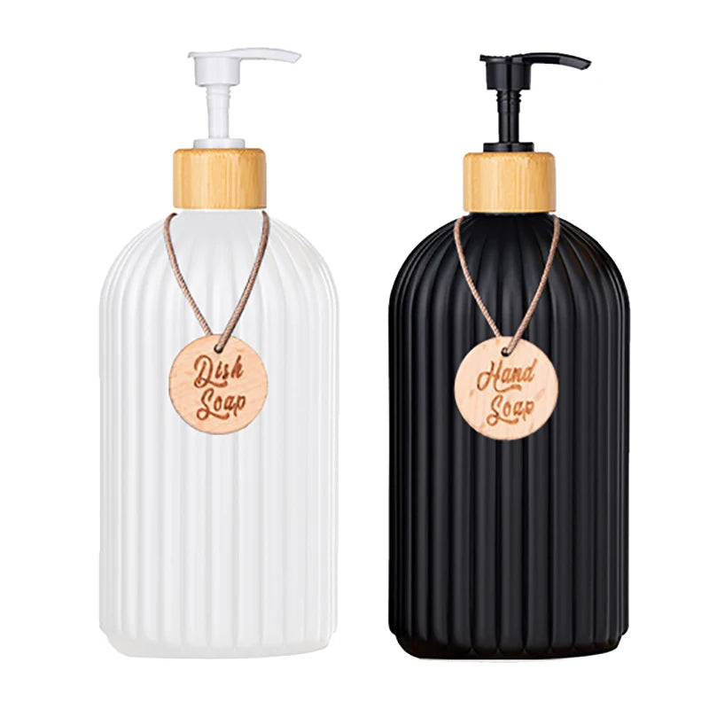 Strip Soap Dispenser with Bamboo Pump Refillable Shampoo Conditioner Hands and Dishes Soap Dispenser Bottle for Kitchen Bathroom Design & Casa white and black