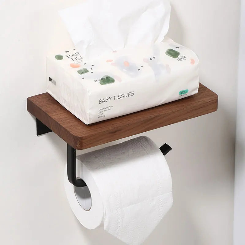 Suporte de Papel Higiênico com Prateleira de Madeira de Nogueira Natural Coleção Banheiro - Suporte de Papel Higiênico com Prateleira de Madeira de Nogueira Natural Design & Casa