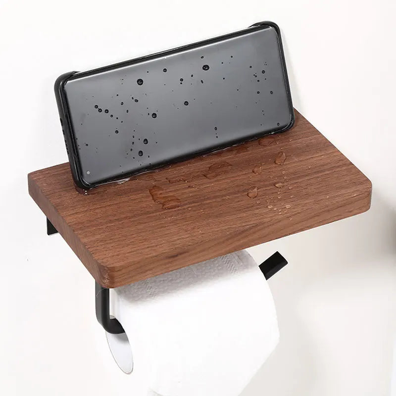 Suporte de Papel Higiênico com Prateleira de Madeira de Nogueira Natural Coleção Banheiro - Suporte de Papel Higiênico com Prateleira de Madeira de Nogueira Natural Design & Casa