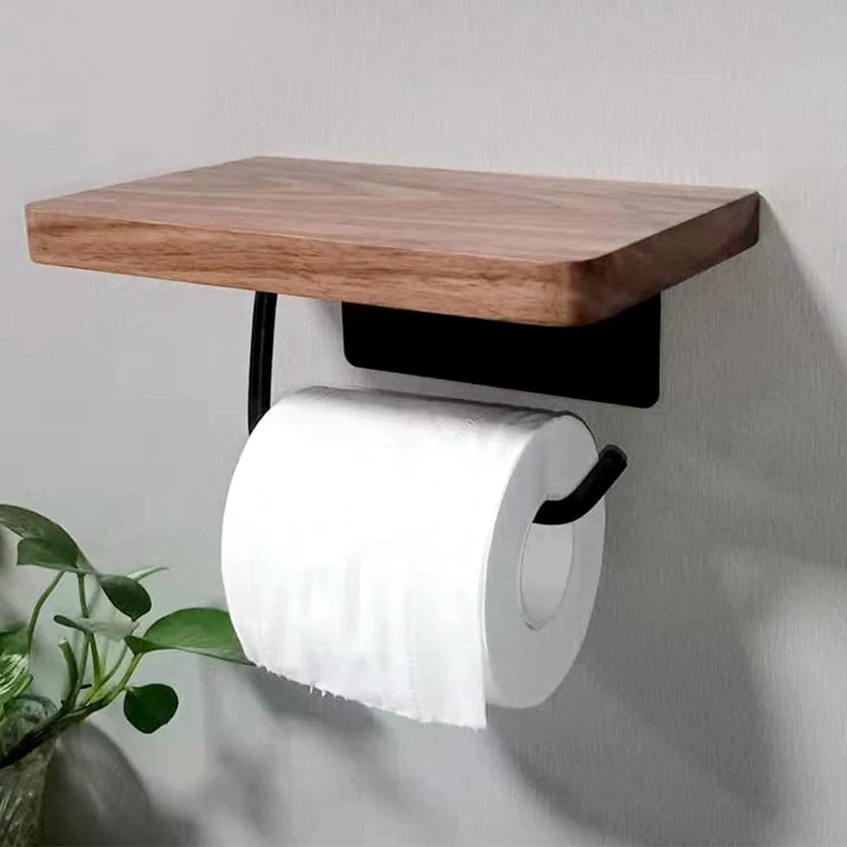 Toilet Paper Holder with Natural Walnut Wooden Shelf Tissue Roll Hanger Wall Mounted Paper Towel Bar 304 Stainless Steel Paper Design & Casa