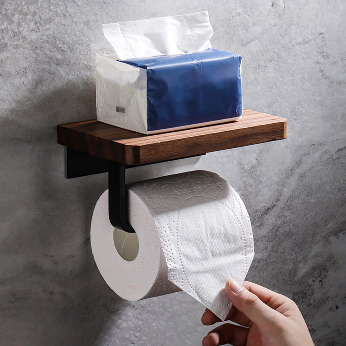 Toilet Paper Holder with Natural Walnut Wooden Shelf Tissue Roll Hanger Wall Mounted Paper Towel Bar 304 Stainless Steel Paper Design & Casa