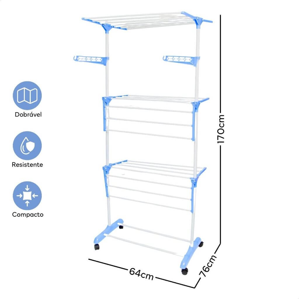 Varal De Chão Com 3 Andares Dobrável e Portátil Varal De Chão Com 3 Andares Dobrável e Portátil Design & Casa