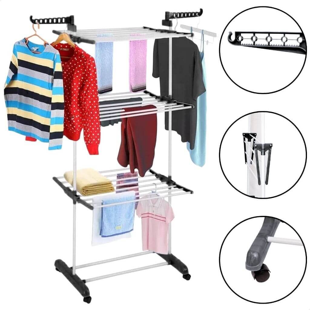 Varal De Chão Com 3 Andares Dobrável e Portátil Varal De Chão Com 3 Andares Dobrável e Portátil Design & Casa Preto