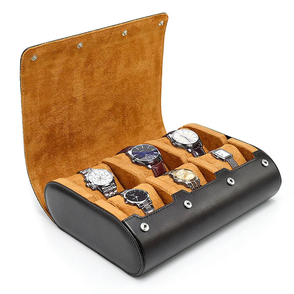 Watch Travel Case - for Men - for Women -Watch Roll Travel Case Organizer Display - Watch Case - 6 Slots Watch Box Organizer Design & Casa Brown