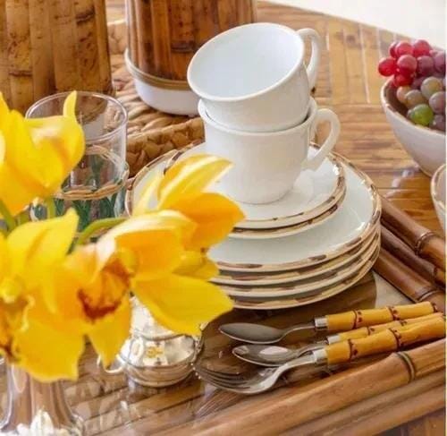 Xícara de Café C/Pires Cerâmica Bambu Coleção Mesa Posta- Xícara de Café C/Pires Cerâmica Bambu Design & Casa