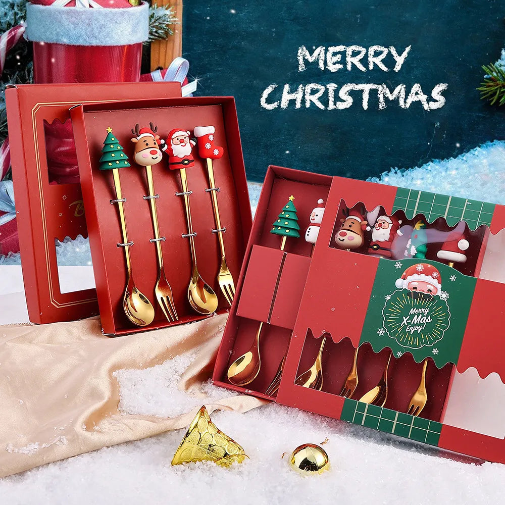 6/4/2PCS Christmas Gift Glod Spoon Fork Set Elk Christmas Tree Decoration Dessert Scoop Fruit Fork Coffee Spoon Cutlery Set Design & Casa