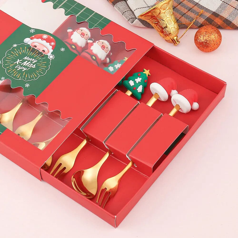 6/4/2PCS Christmas Gift Glod Spoon Fork Set Elk Christmas Tree Decoration Dessert Scoop Fruit Fork Coffee Spoon Cutlery Set Design & Casa
