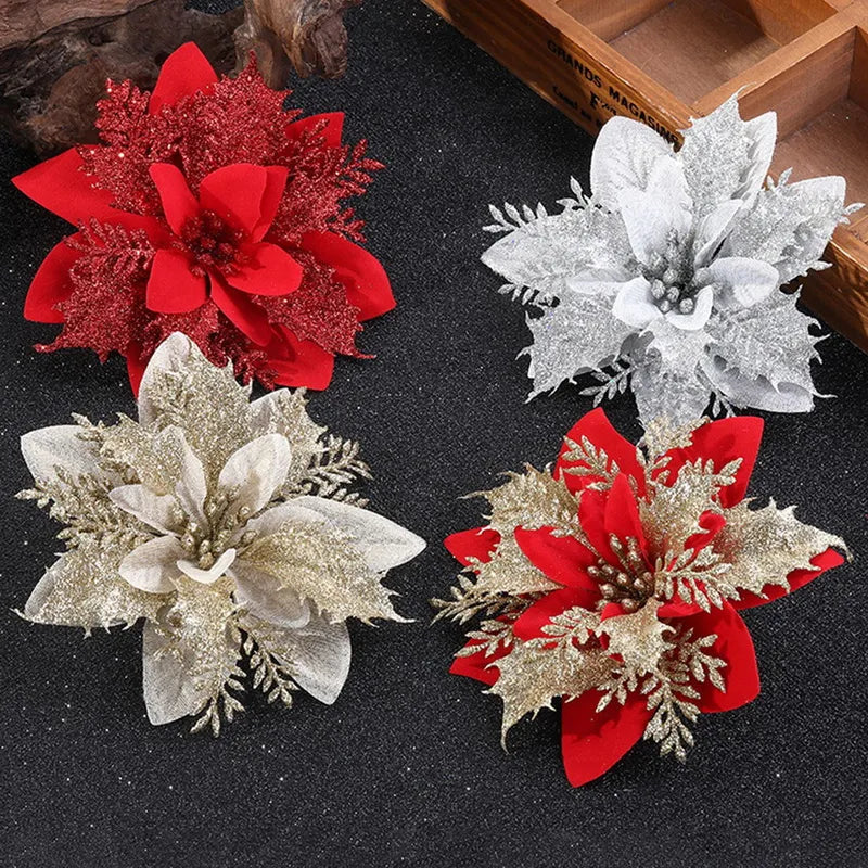 Glitter Artifical Christmas Flowers Mreey Christmas Tree Decoration Happy New Year Ornaments Xmas Fake Flowers Natal Design & Casa