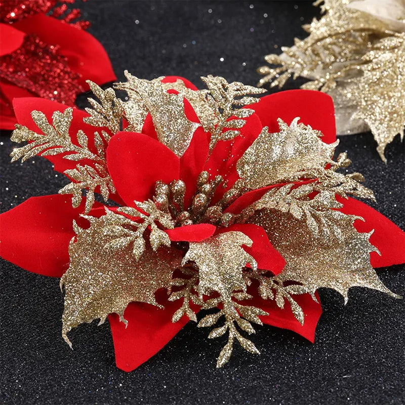 Glitter Artifical Christmas Flowers Mreey Christmas Tree Decoration Happy New Year Ornaments Xmas Fake Flowers Natal Design & Casa