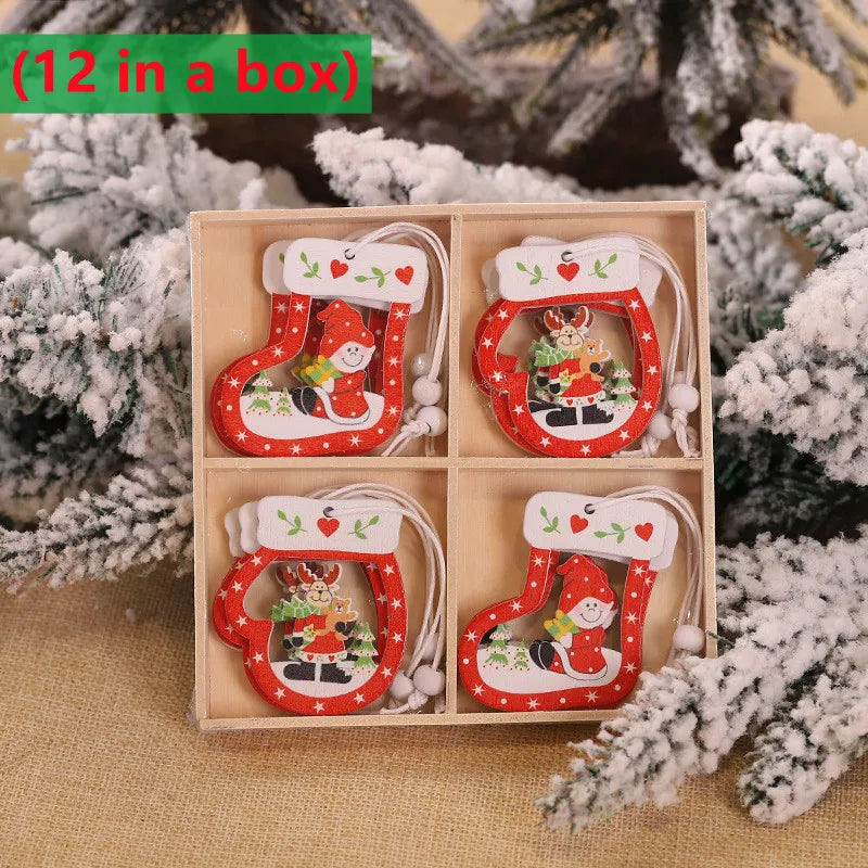 Hot 12PCS Christmas Snowflakes Wooden Pendants Xmas Tree Ornaments Home Hanging Decor Christmas Decoration For Home Navidad 2023 Design & Casa E-12Pieces