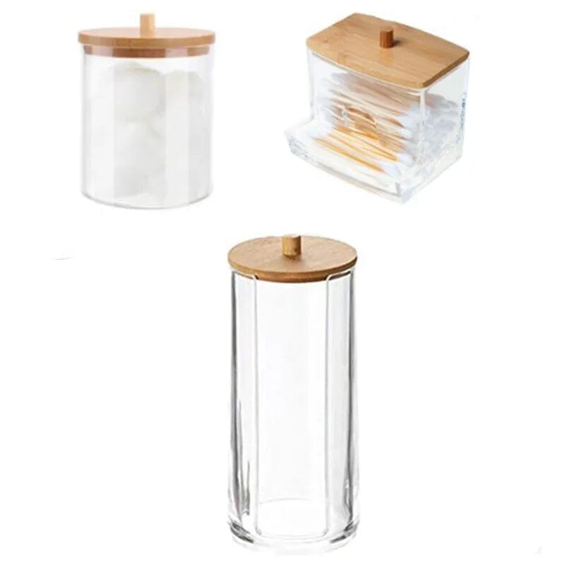 Kit Porta Algodão e Porta Cotonete em Bambu Organização 04 - Kit de Acrílico Porta Algodão e Porta Cotonete Design & Casa 3 Unidades